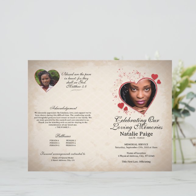 Heart themed beige grunge funeral template program (Standing Front)