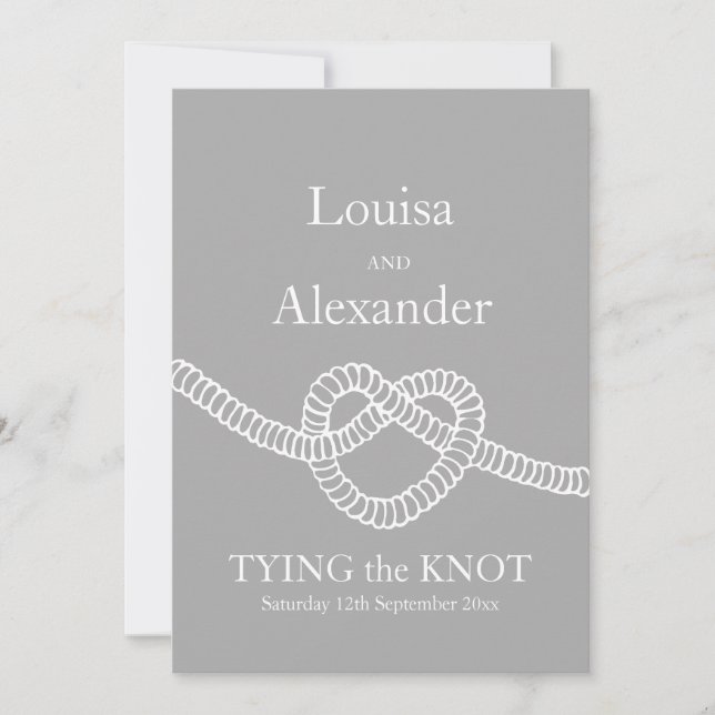 Heart tie the knot wedding gray white invitation (Front)