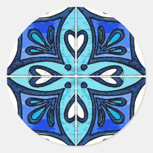 Heart Tiles Inspired by Portuguese Azulejos Blue Classic Round Sticker