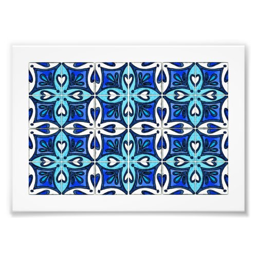 Heart Tiles Inspired by Portuguese Azulejos Blue Photo Print