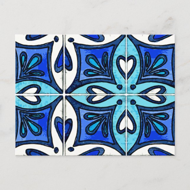 Heart Tiles Inspired by Portuguese Azulejos Blue Postcard (Front)