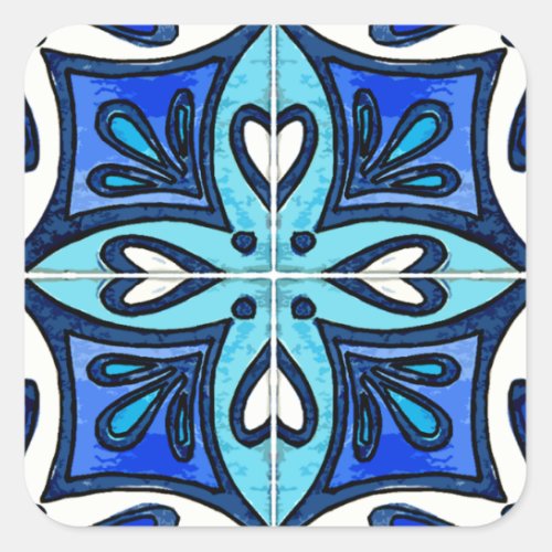 Heart Tiles Inspired by Portuguese Azulejos Blue Square Sticker