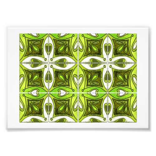 Heart Tiles Inspired by Portuguese Azulejos Green Photo Print