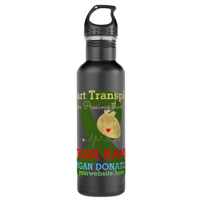 Heart Transplant Team Customizable Green Ribbon  Stainless Steel Water Bottle (Front)