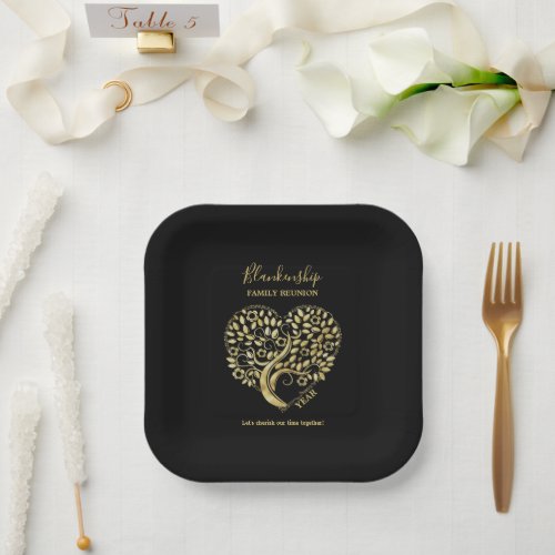 Heart Tree Family Reunion Black Gold  Paper Plates