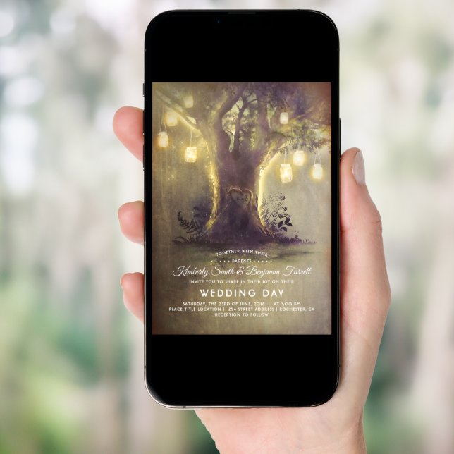 Heart Tree Mason Jar Lights Rustic Country Wedding Invitation (Front Digital)