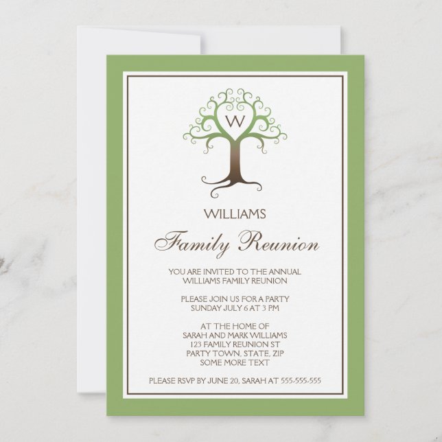Heart tree monogram initial family reunion invite (Front)