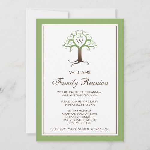 Heart tree monogram initial family reunion invite