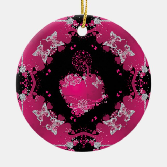 Heart Tree Of Love & Butterflies Ceramic Ornament (Front)