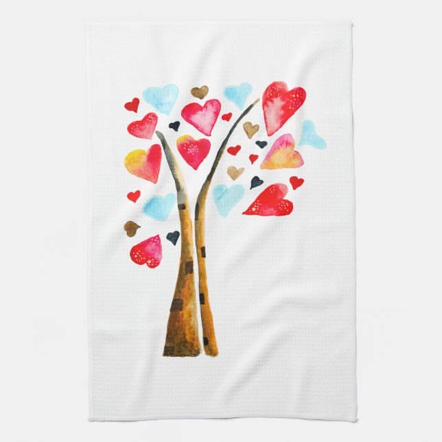 Heart tree valentines watercolor art kitchen towel (Vertical)