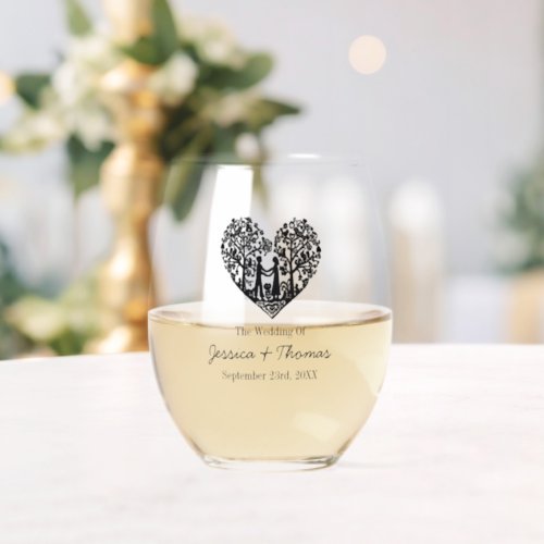 Heart Tree Vintage Wedding Stemless Wine Glass