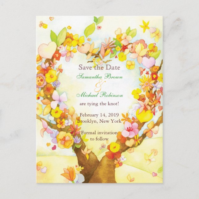 Heart Tree Watercolor Save the Date Postcards (Front)