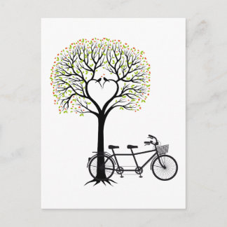 Heart tree with birds and tandem bicycle postcard