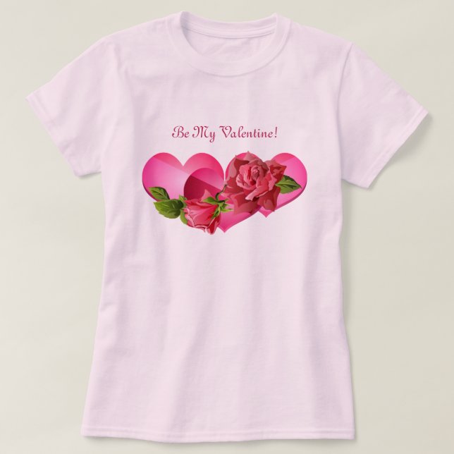 Heart Trio with Pink Roses Valentine's Day T-Shirt (Design Front)
