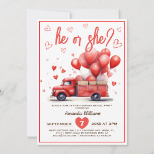 Heart truck valentine gender reveal invitation