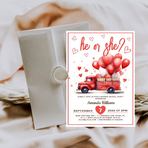 Heart truck valentine gender reveal invitation