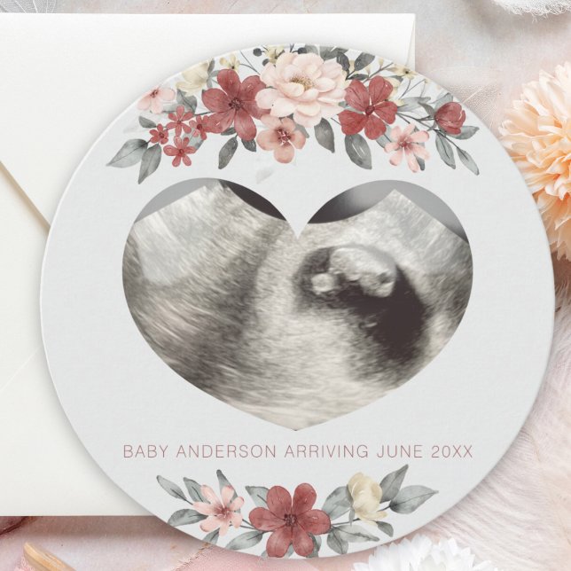 Heart Ultrasound Photo Pregnancy Announcement Card (heart ultrasound sonogram pregnancy announcement card with watercolor floral frame. round card)