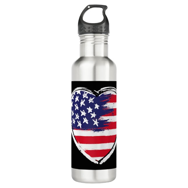 Heart US Flag 4th of July Patriotic American Stars Stainless Steel Water Bottle (Front)