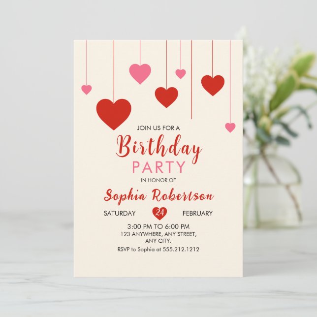 Heart Valentine Red Pink Birthday Party  Invitation (Standing Front)