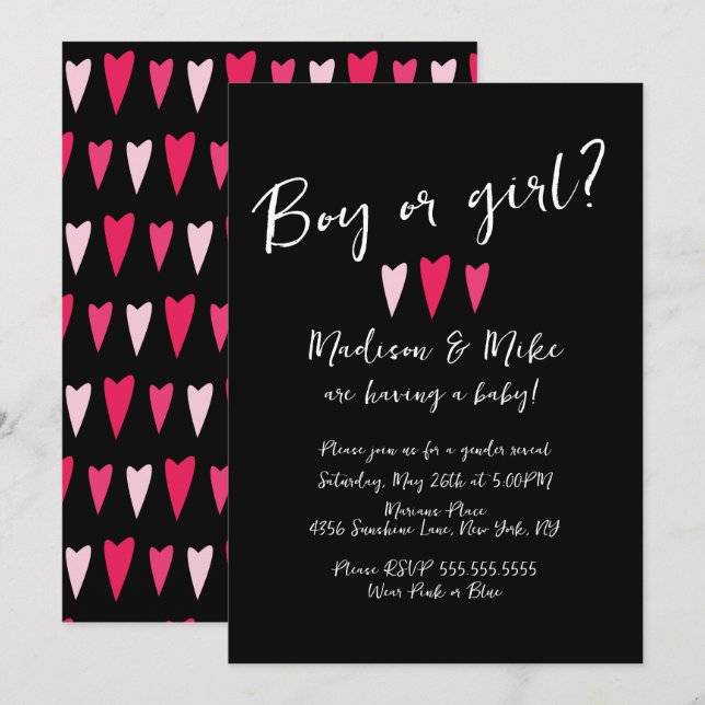 Heart Valentines Day Gender Reveal Pink Black Invitation (Front/Back)