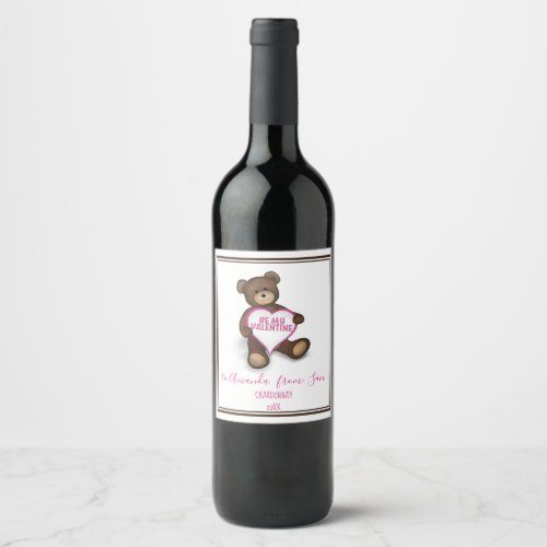 Heart Valentines Day Teddy Bear WHimsical Cute Wine Label
