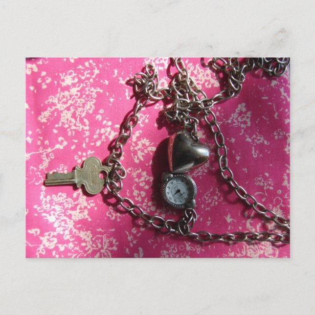 Heart, Watch, Key Necklace on Pink Fabric  Postcard (Front)