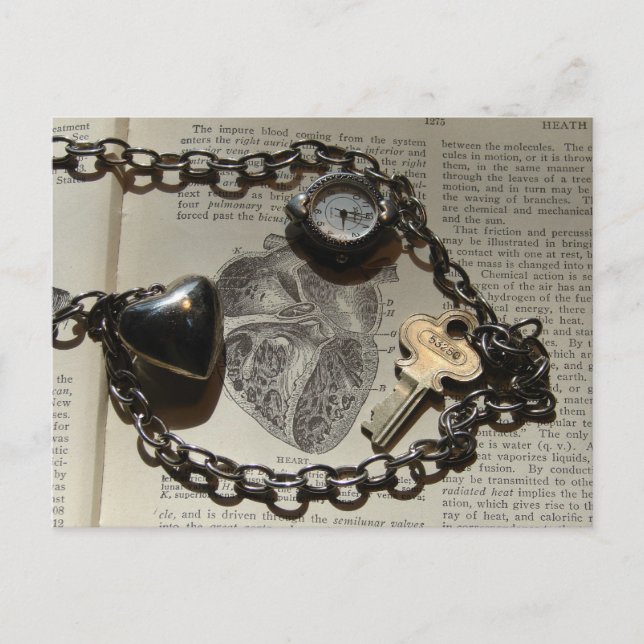 Heart, Watch, Key Necklace on Vintage Human Heart Postcard (Front)
