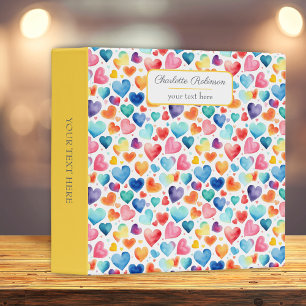 Heart Watercolor Colorful Cute Love Custom Name 3 Ring Binder