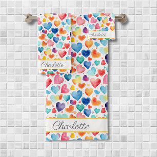 Heart Watercolor Colorful Cute Love Custom Name Bath Towel Set