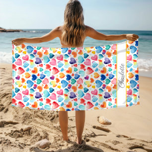 Heart Watercolor Colorful Cute Love Custom Name  Beach Towel