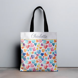 Heart Watercolor Colorful Cute Love Custom Name Tote Bag