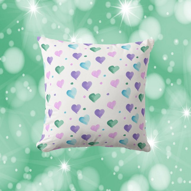 Heart Watercolor Pattern Pink Blue Purple Green Throw Pillow (A throw pillow with water color hearts and polka dots done in pink, blue, purple and green.)