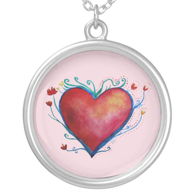 Heart WatercolorLarge Silver Plated Round Necklace (Front)