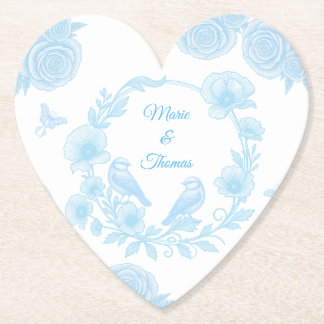 Heart Wedding 💙 Personalized Names Floral Paper Coaster
