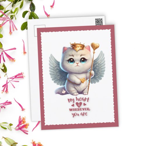 Heart Wherever You Are Chibi Angel Cat Valentine Holiday Postcard