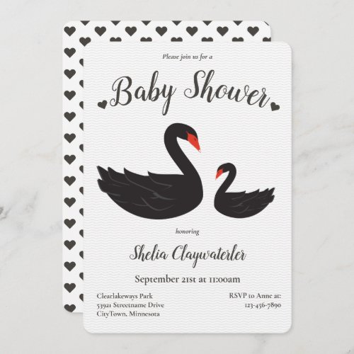 Heart White Black Swan Bird Animal Baby Shower Invitation