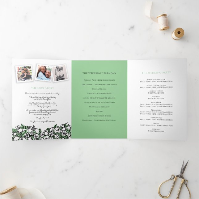 Heart white tulips ink story dedication wedding Tri-Fold program (Inside)