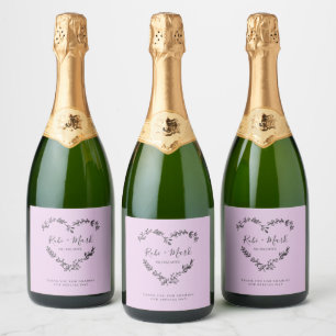 Heart Wild Flowers, Branches and Leaves in Lila Sparkling Wine Label