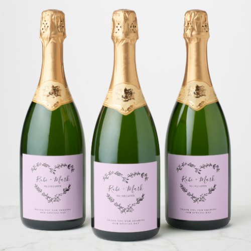 Heart Wild Flowers Branches and Leaves in Lila Sparkling Wine Label