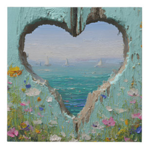 Heart Window Coastal Wildflower Sailboat Painting Faux Canvas Print