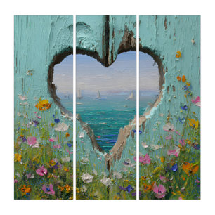 Heart Window Coastal Wildflower Sailboat Painting Triptych