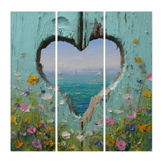 Heart Window Coastal Wildflower Sailboat Painting Triptych