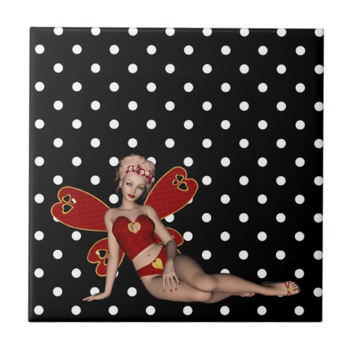 Heart Wing Fairy in Red Polkadots Ceramic Tile