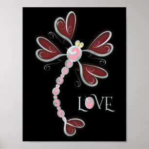 Heart-winged Dragonfly "Love" silver pretty design Poster