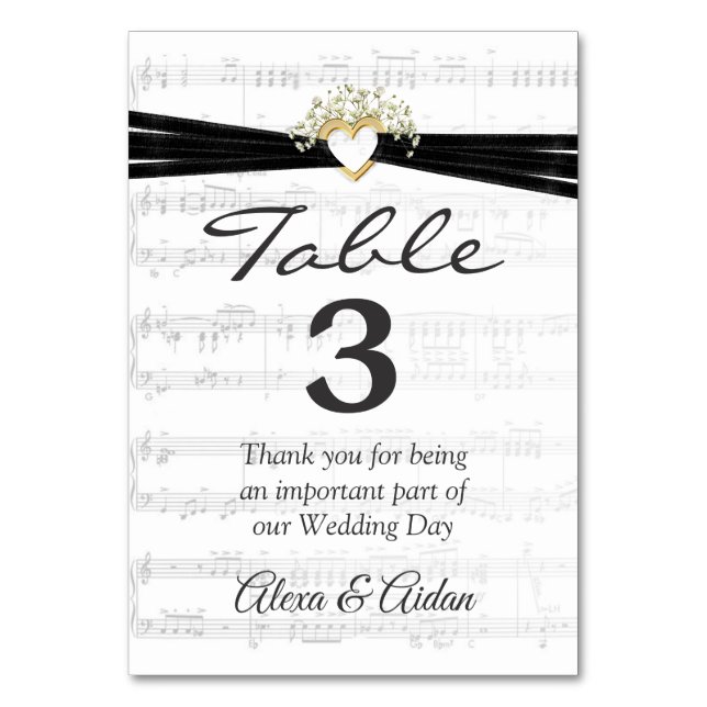 Heart with Black Ribbon On Sheet Music  Table Number (Front)