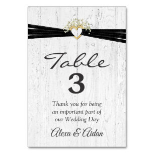 Heart with Black Ribbon On Whitewashed Wood  Table Number