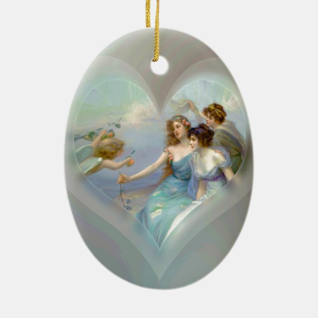 Heart with Cupid and Ladies Ceramic Ornament (Back)