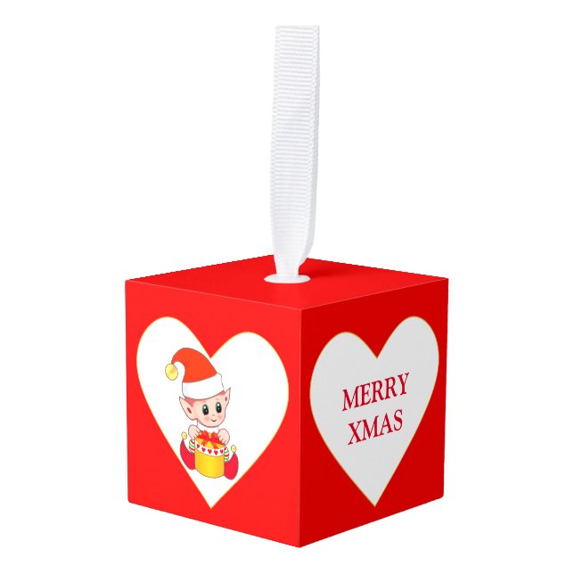 Heart with cute elf & angel Christmas Cube Ornament (Front Angled)
