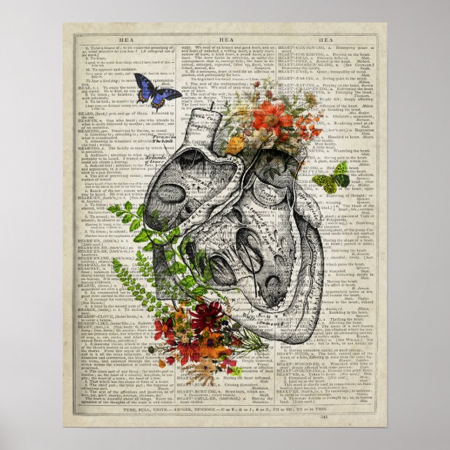 Heart with Flowers Anatomy Dictionary Art Poster (Front)
