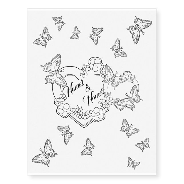 Heart with Flowers and butterflies- Personalize it Temporary Tattoos (Front)